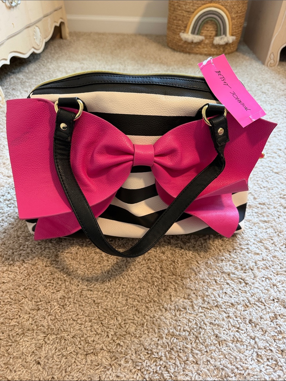 NWT Betsey Johnson Black & White Striped Satchel with Hot Pink Bow Accent